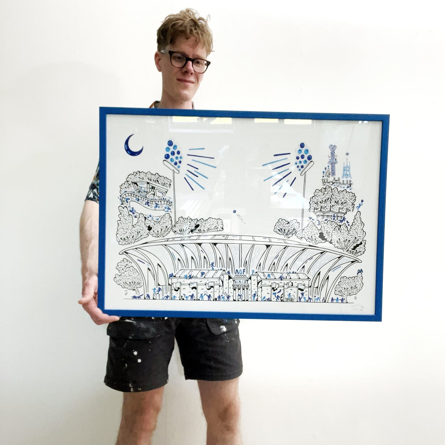 Aarhus Stadion, Håndindrammet i ægte AGF blå farver - 50x70 cm 💙