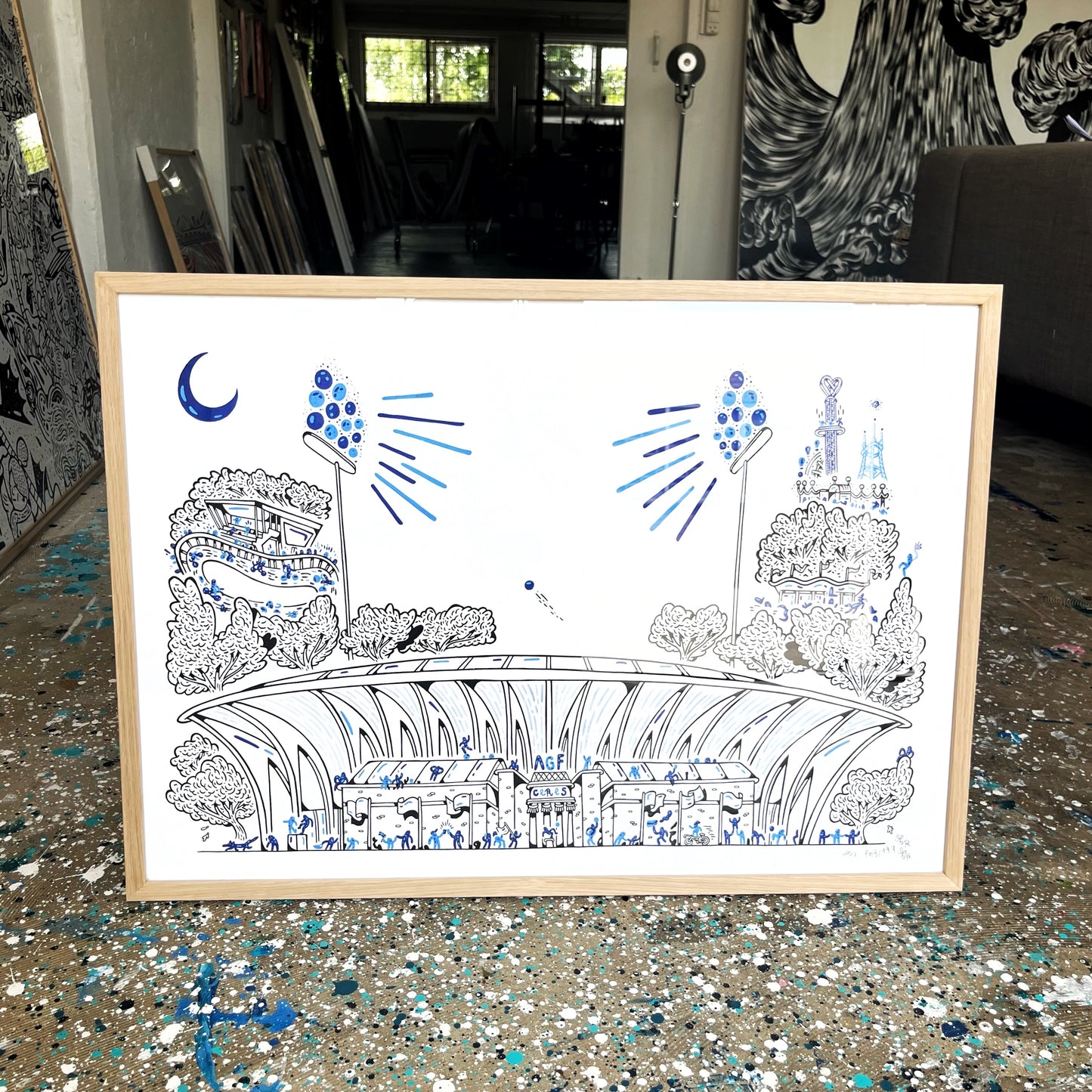 Aarhus Stadion, håndindrammet i eg - 50x70 cm
