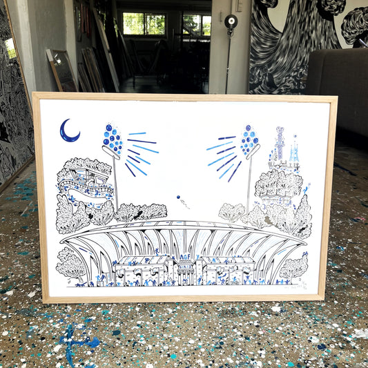 Aarhus Stadion, håndindrammet i eg - 50x70 cm