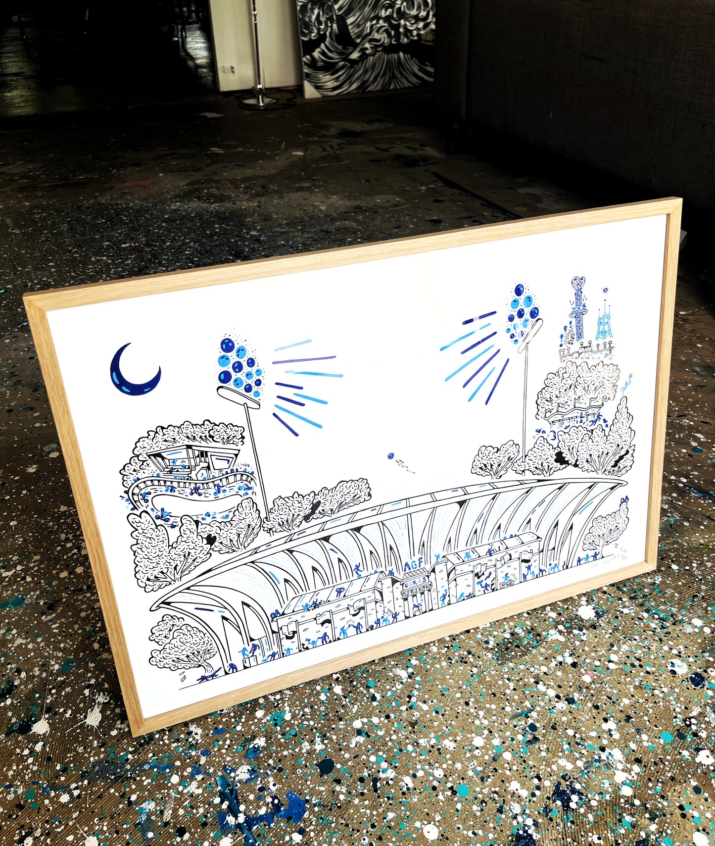 Aarhus Stadion, håndindrammet i eg - 50x70 cm